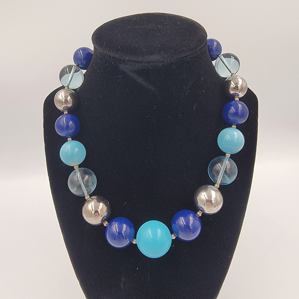 Vtg y2k Blue Bubblegum Chunky Bead Necklace Bold Retro Statement Jewelry 20in